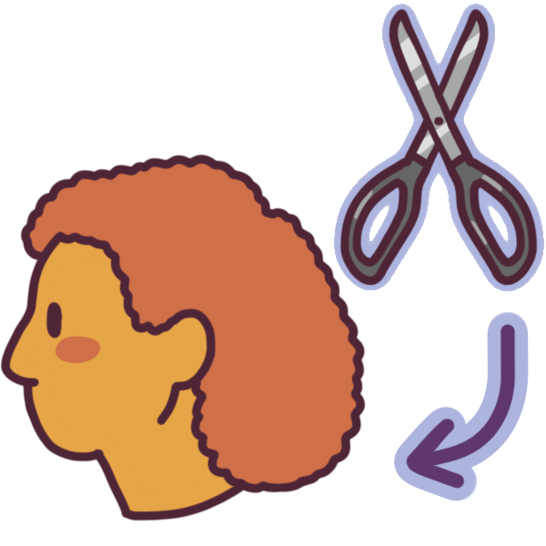 a person’s head in profile, and a pair of scissors pointing to the hair. the hair is tightly curled and long.